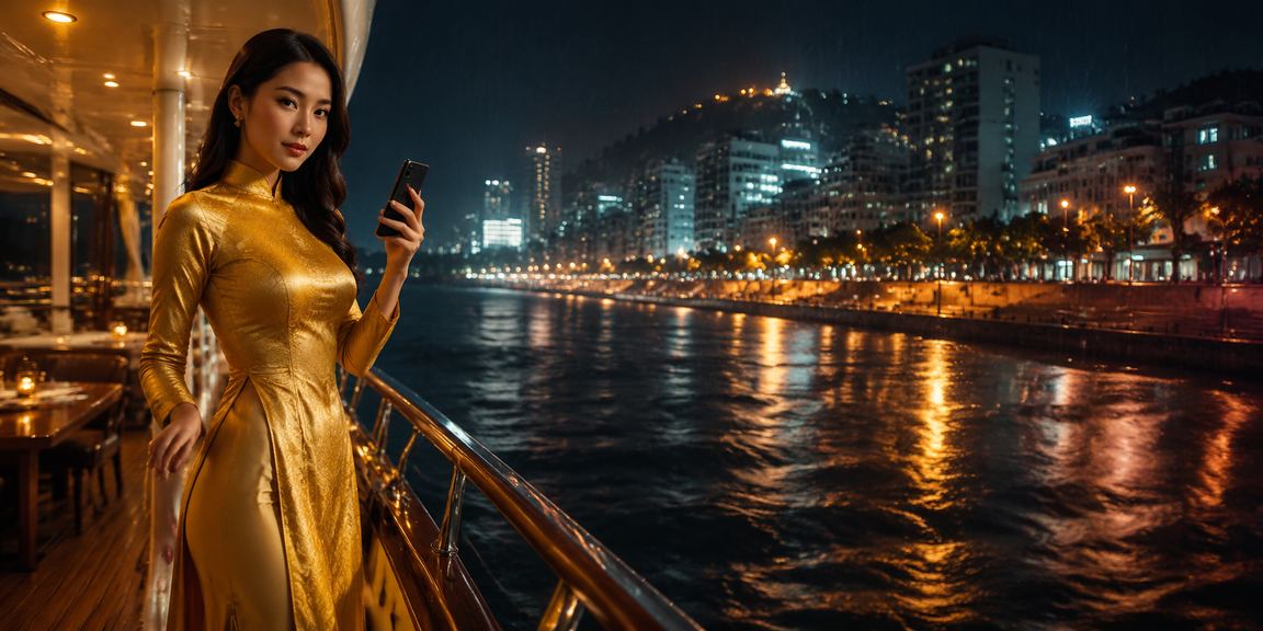Người dùng Vũng Tàu theo dõi kèo bóng đá trực tuyến trong trang phục truyền thống áo dài